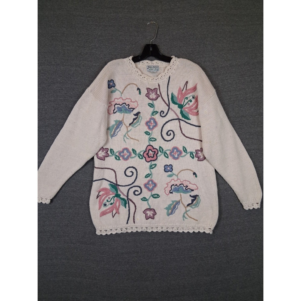 VTG Gina Peters Womens Sweater L White Embroidered Floral Crochet Granny Art